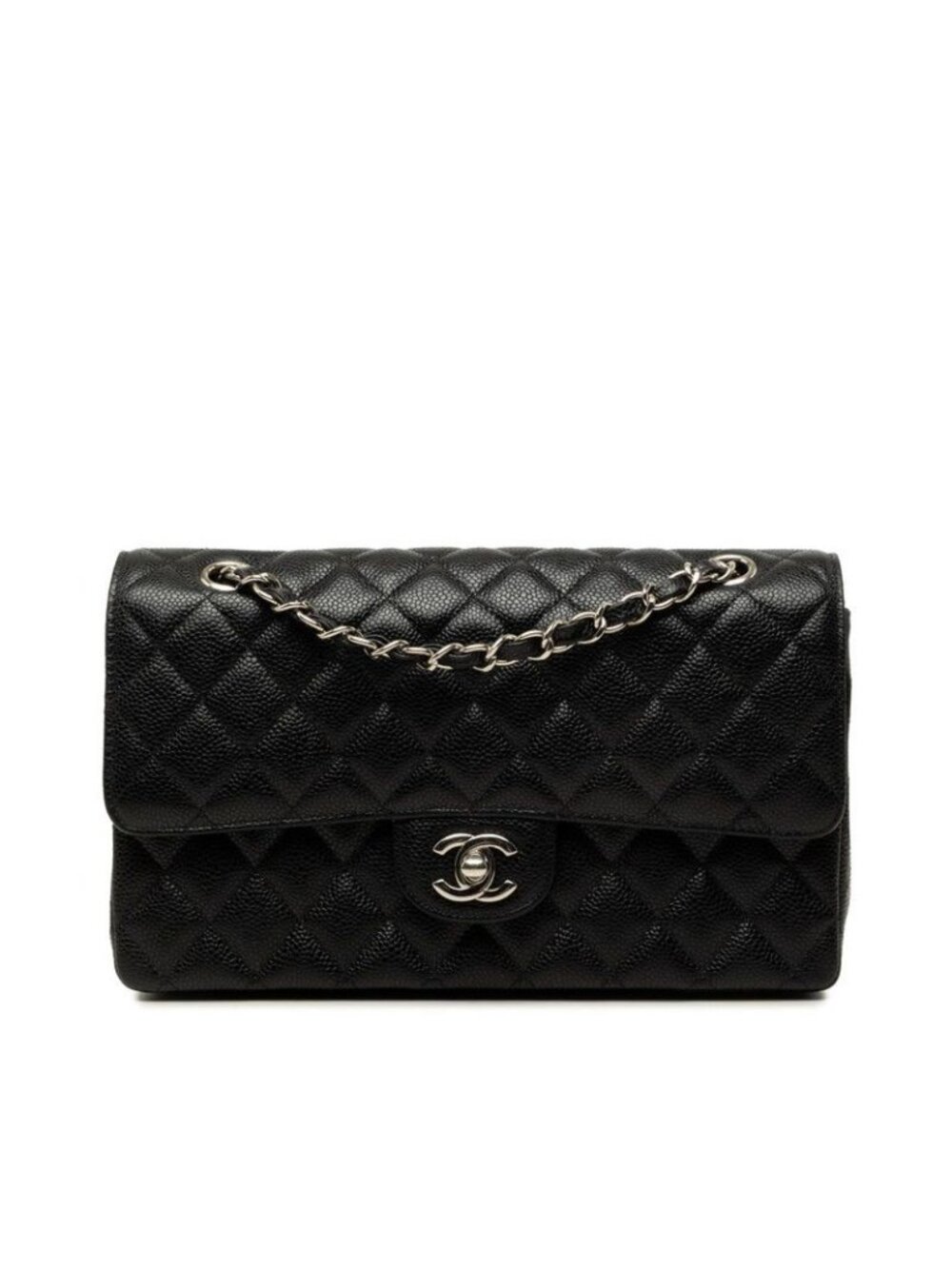 Chanel CC Logo Quilted 25 Double Flap Chain Shoulder Bag Black Silver Caviar